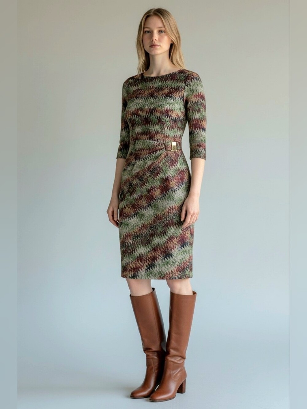 Tahari Arthur Levine Chevron Body Con Dress Womens 2 Petite Earth Tone Retro Mod